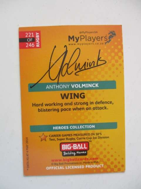RUGBY TRADING CARD - ANTHONY VOLMINCK - SIGNATURE SERIES