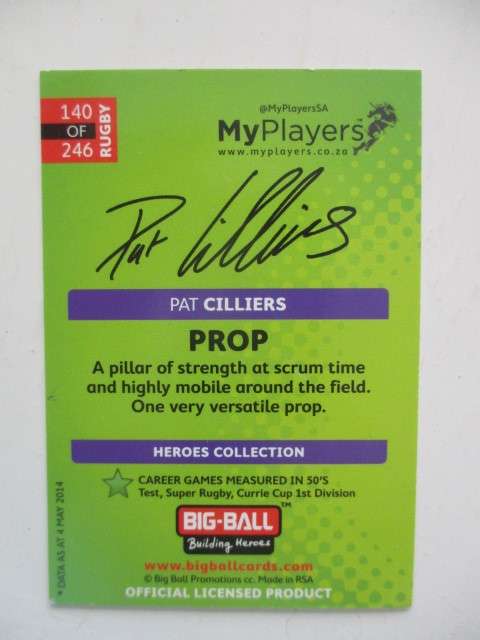 RUGBY TRADING CARD - PAT CILLIERS - SIGNATURE SERIES