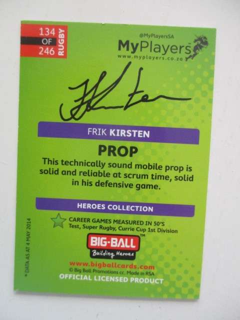 RUGBY TRADING CARD - FRIK KIRSTEN - SIGNATURE SERIES