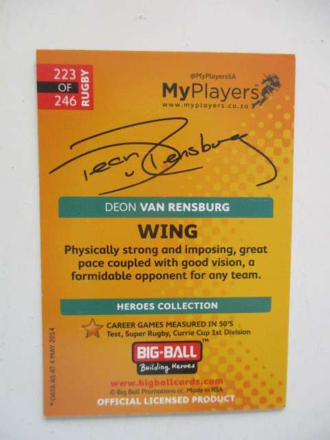RUGBY TRADING CARD - DEON VAN RENSBURG - SIGNATURE SERIES