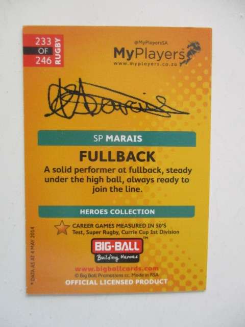 RUGBY TRADING CARD - SP. MARAIS - SIGNATURE SERIES