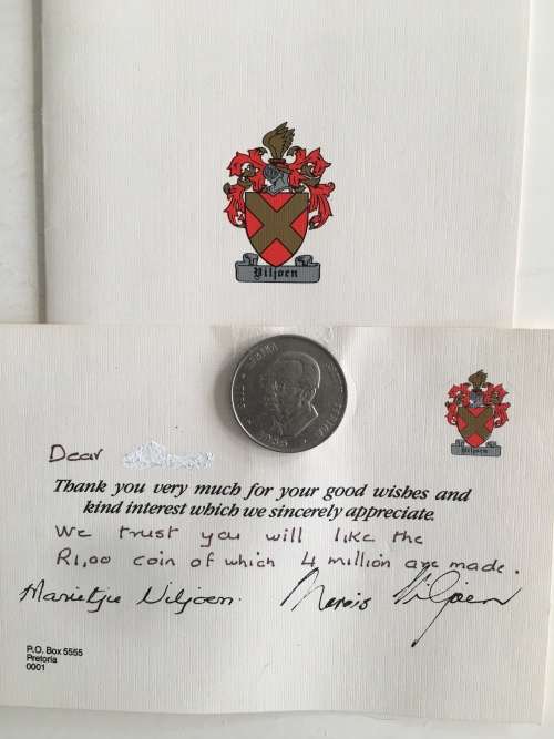 LOVELY MARAIS VILJOEN COIN 1985 WITH SHORT NOTE FROM MARIETJIE VILJOEN