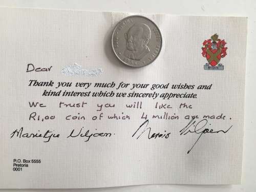 LOVELY MARAIS VILJOEN COIN 1985 WITH SHORT NOTE FROM MARIETJIE VILJOEN