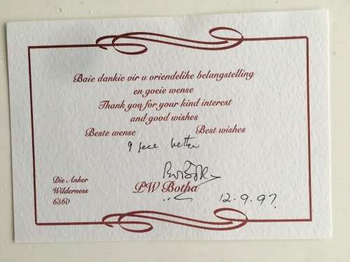 LOVELY LOT OF FORMER PRESIDENT AND PRIME MINISTER P.W. BOTHA INCLUDING AUTOGRAPHS