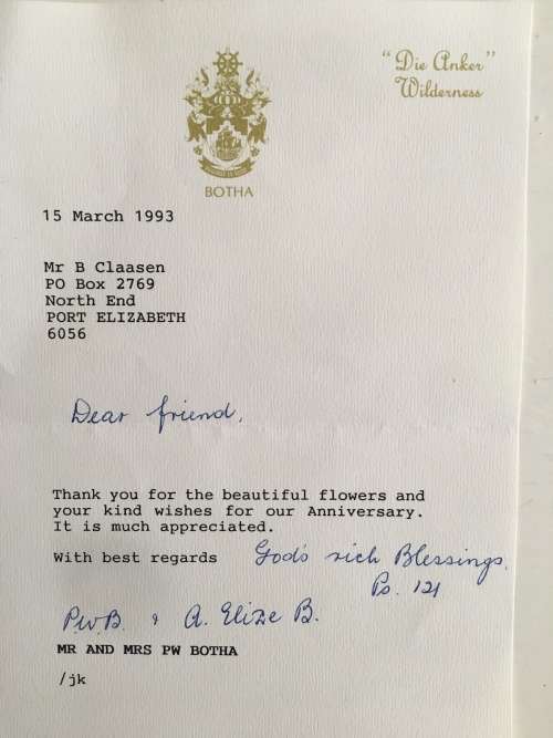 LOVELY LOT OF FORMER PRESIDENT AND PRIME MINISTER P.W. BOTHA INCLUDING AUTOGRAPHS