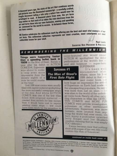 DC COMICS MELLENIUM ISSUE COMICS - NO. 1 - 2000 - SUPERMAN DEBUT ISSUE