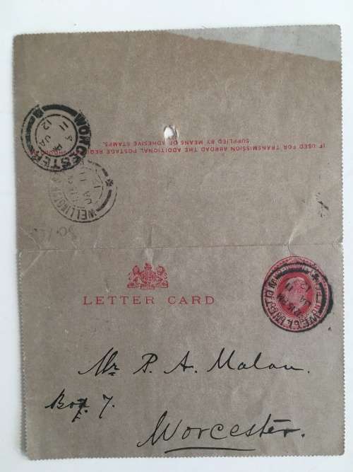 ANTIQUE - LETTER CARDS OUMA MALAN 1880-1867 - JOHN OGILIVINE NORTON 1840-1899 ANTIQUE TELEGRAMME