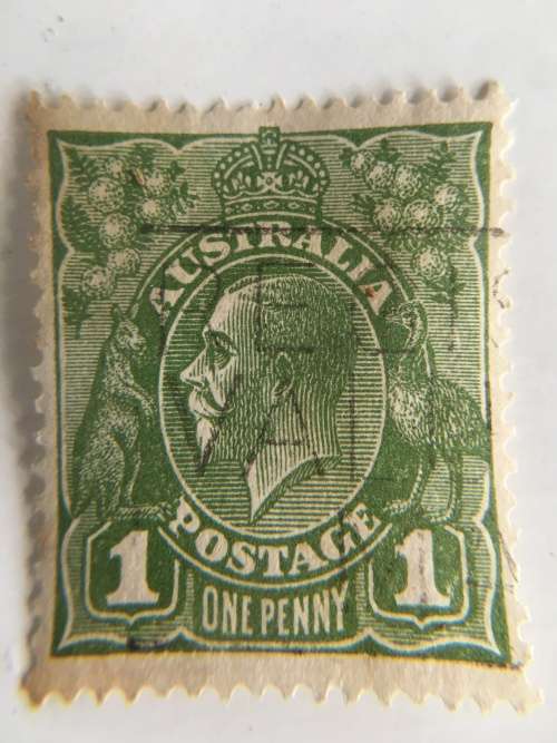 AUSTRALIA GREEN ONE PENNY  KING GEORGE USED STAMP