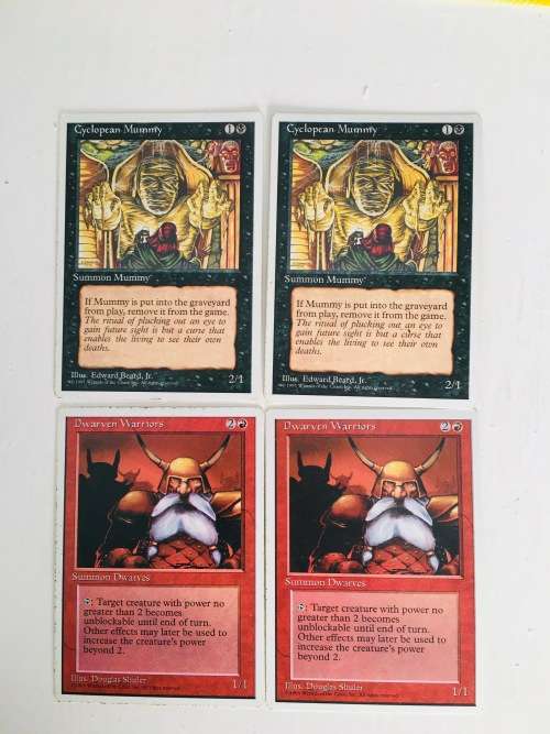 MAGIC THE GATHERING 2 HALF SETS CYCLOPEAN MUMMY X 2 - DWARVEN WARRIORS X 2  - 4 CARDS