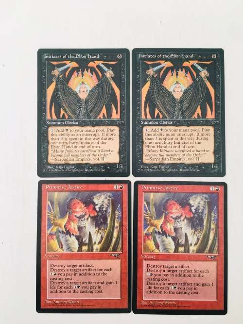 MAGIC THE GATHERING - 2 HALF SETS - INITIATES OF THE EBON HAND X 2 - PRIMITIVE JUSTICE X2 - 4 CARDS