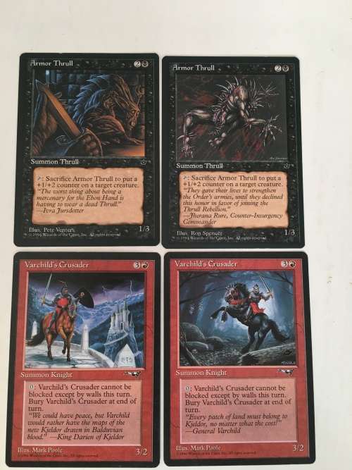 MAGIC THE GATHERING - 2 HALF SETS - ARMOR  THRULL X 2 - VARCHILD`S CRUSADER X 2 - 4 CARDS