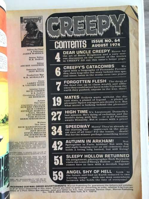 VINTAGE WARREN MAGAZINE - CREEPY -  NO. 64 - 1974  BACK COVER MISSING