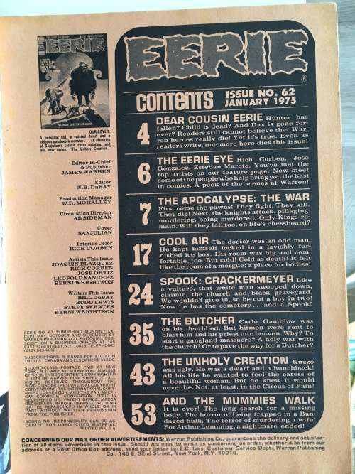 VINTAGE WARREN MAGAZINE - EERIE ISSUE NO. 62 - 1975
