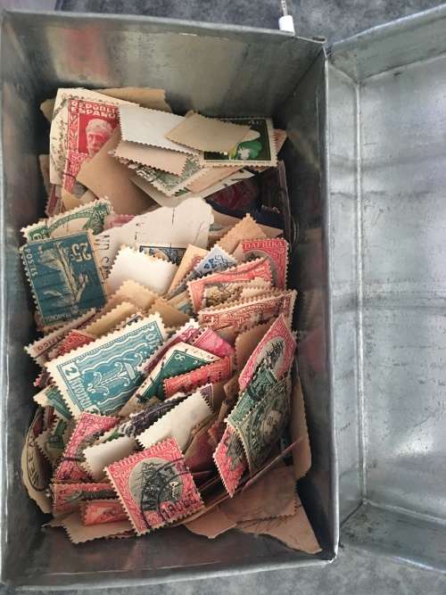 METAL BOX FULL OF OLD UNCHECKED STAMPS