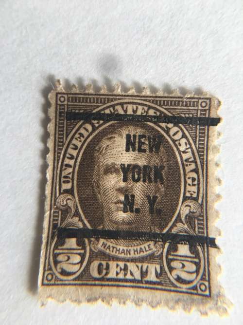 AMERICA HALF CENT USED STAMP CANCELLATION - NATHAN HALE AMERICAN SOLDIER AND SPY