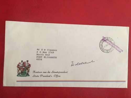 LOVELY AUTOGRAPHED PRESEDENTIAL ENVELOPE FROM FORMER PRESIDENT DE KLERK