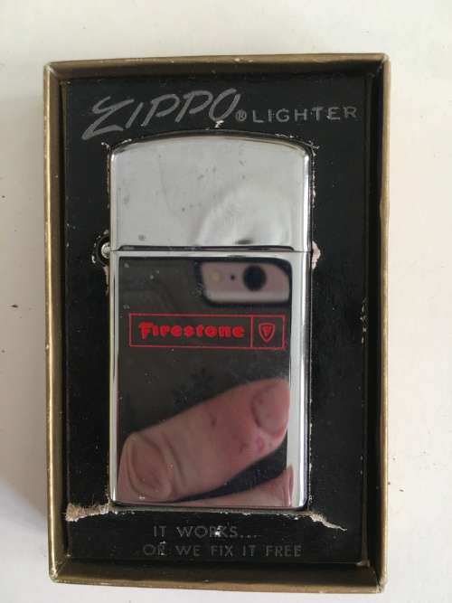VINTAGE SLIM ZIPPO  LIGHTER WITH FIRESTONE LOGO IN ORIGINAL BOX