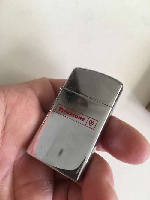 VINTAGE SLIM ZIPPO  LIGHTER WITH FIRESTONE LOGO IN ORIGINAL BOX