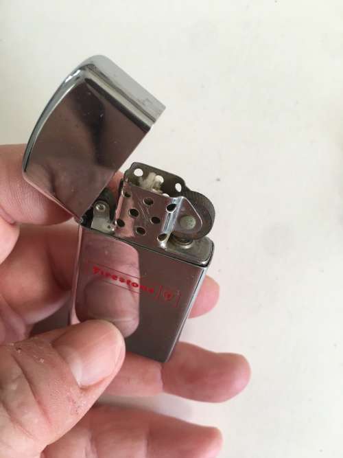 VINTAGE SLIM ZIPPO  LIGHTER WITH FIRESTONE LOGO IN ORIGINAL BOX