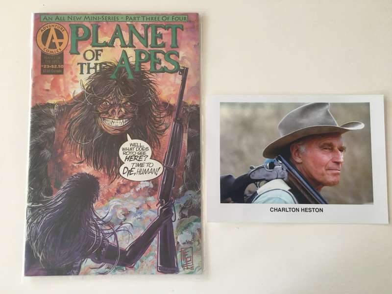 ADVENTURE COMICS - PLANET OF THE APES - 1992 AND PHOTO OF CHARLTON HESTON WHO STARRED INTHE FIRST