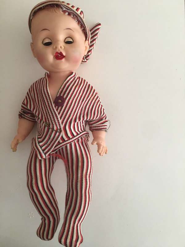 VINTAGE BABY RUBBER TYPE DOLL WITH ORIGINAL CLOTHES MOVING EYES AND LETTER  J ON NECK