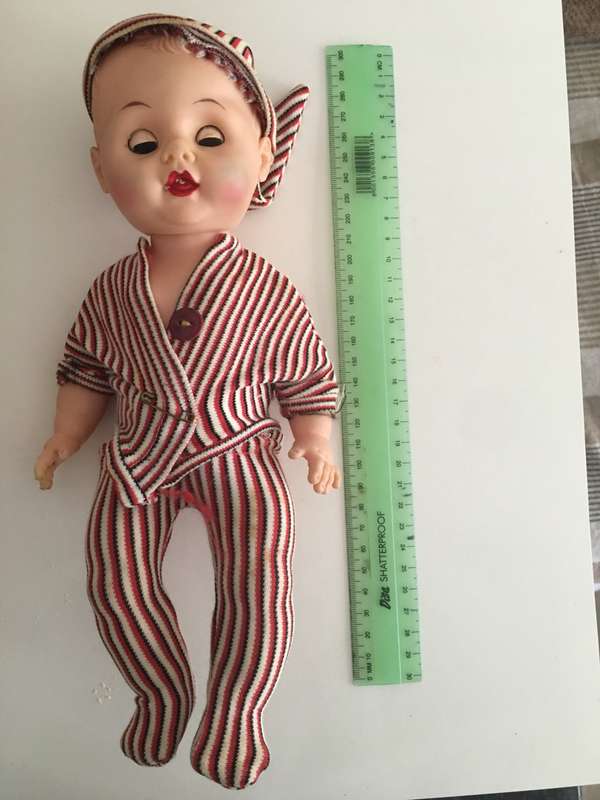VINTAGE BABY RUBBER TYPE DOLL WITH ORIGINAL CLOTHES MOVING EYES AND LETTER  J ON NECK