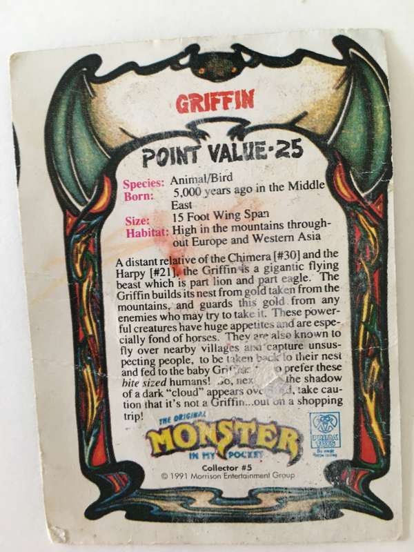 MONSTER IN MY POCKET TRADING CARD - 1991- GRIFFIN -  MORRISON ENTERTAINMENT
