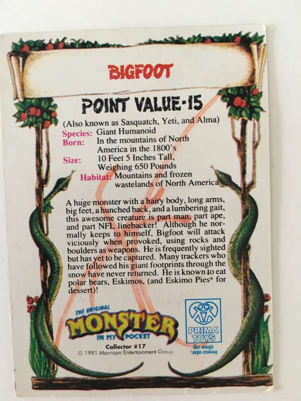 MONSTER IN MY POCKET TRADING CARD - 1991- BIGFOOT MORRISON ENTERTAINMENT