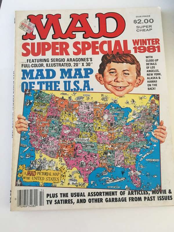 VINTAGE  MAD MAGAZINE WITH LOVELY MAP OF USA - 1981 - NO. 37
