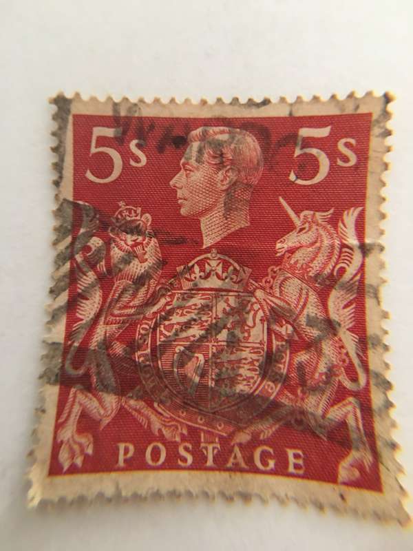 GREAT BRITAIN RED 5 shillings   USED STAMO KING GEORGE VI