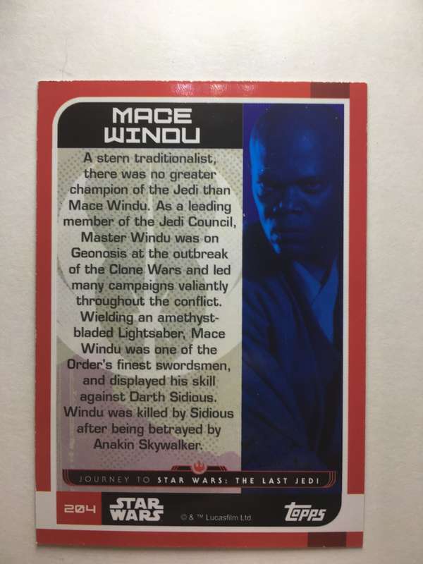 TOPPS  STAR WARS TRADING CARD THE LAST JEDI - MACE WINDU / FOIL CARD