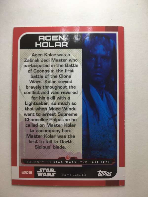 TOPPS -  STAR WARS CARD - THE LAST JEDI  - HOLOGRAPHIC CARD / AGEN KOLAR