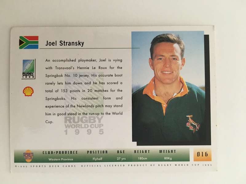 1995 RUGBY WORLD CUP TRADING CARD - SOUTH AFRICA - JOEL STRANSKY