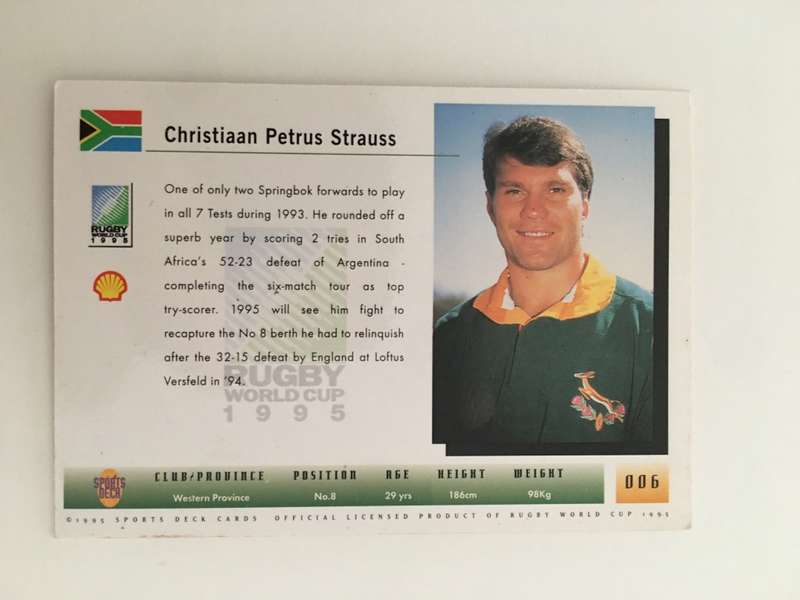 1995 RUGBY WORLD CUP TRADING CARD - SOUTH AFRICA - TIAAN STRAUSS