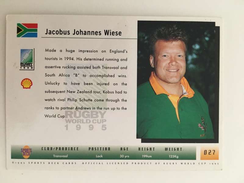 1995 RUGBY WORLD CUP TRADING CARD - SOUTH AFRICA - KOBUS WIESE