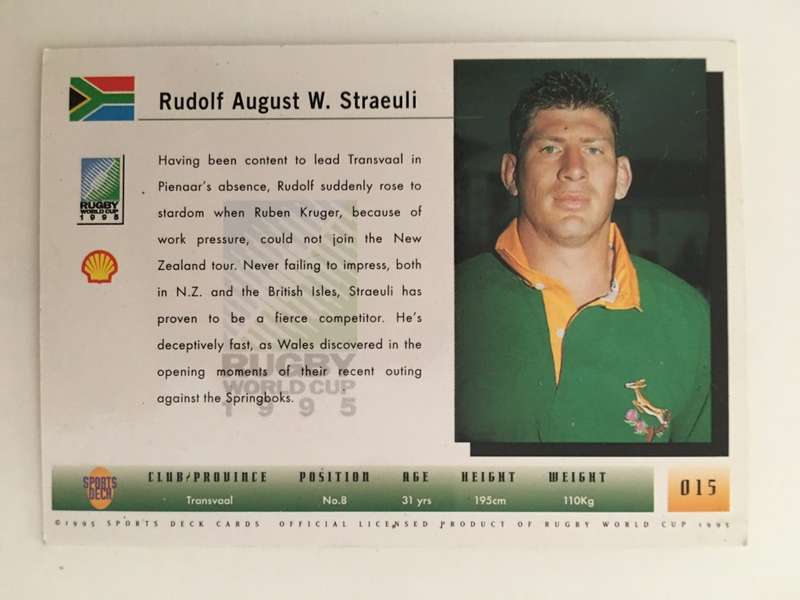 1995 RUGBY WORLD CUP TRADING CARD - SOUTH AFRICA - RUDOLF STRAEULI