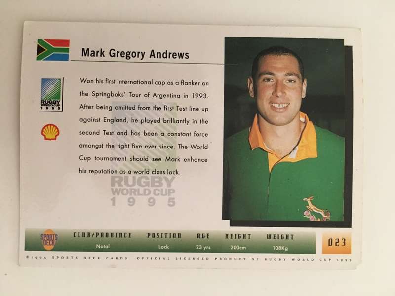 1995 RUGBY WORLD CUP TRADING CARD - SOUTH AFRICA - MARK ANDREWS
