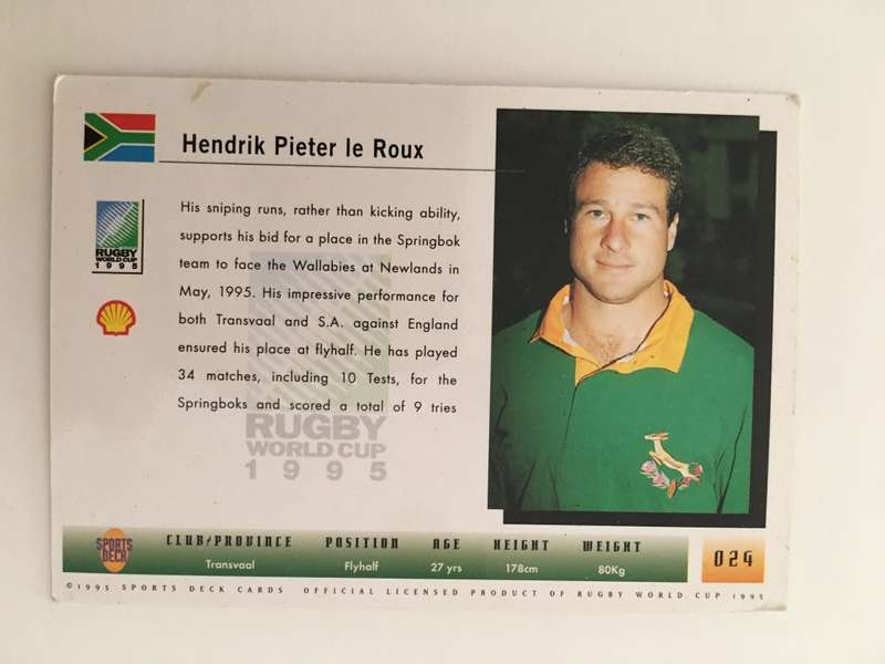 1995 RUGBY WORLD CUP TRADING CARD - SOUTH AFRICA - HENNIE LE ROUX