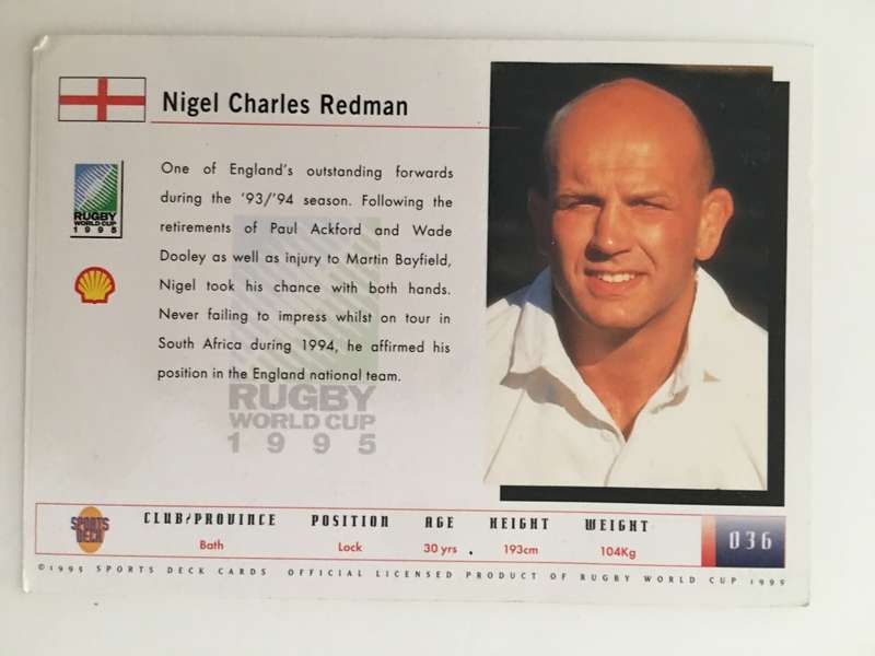 1995 RUGBY WORLD CUP TRADING CARD - ENGLAND - NIGEL  REDMAN