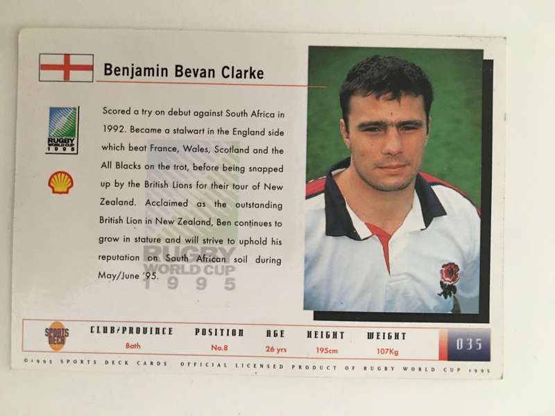 1995 RUGBY WORLD CUP TRADING CARD - ENGLAND -BENJAMIN CLARKE