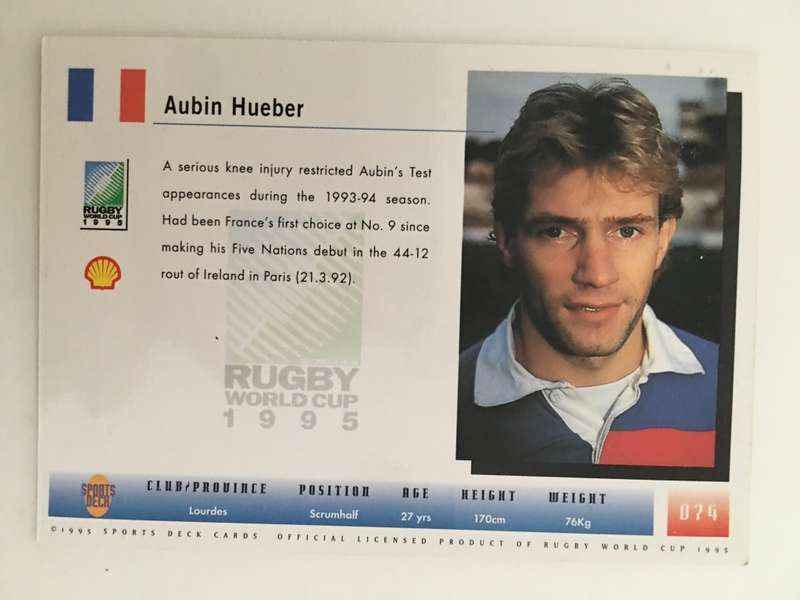 1995 RUGBY WORLD CUP TRADING CARD - FRANCE -AUBIN HUEBER