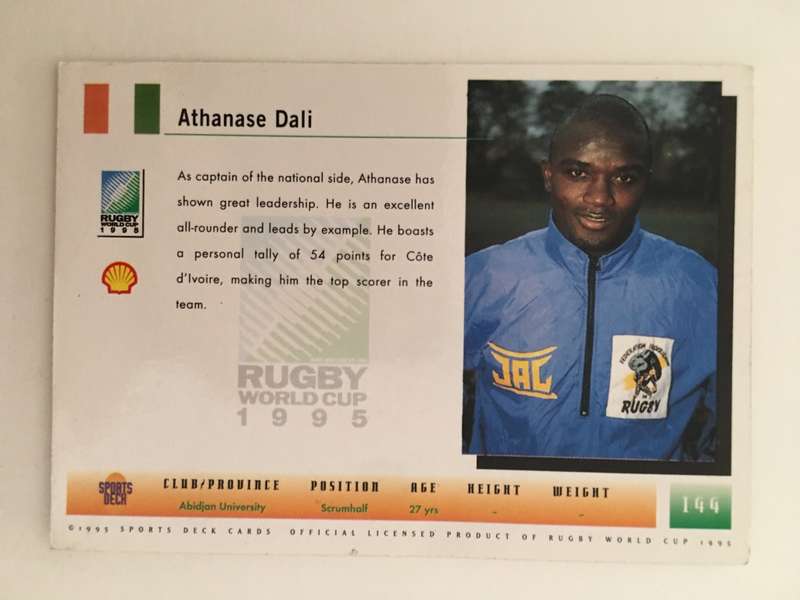 1995 RUGBY WORLD CUP TRADING CARD - COTE ` IVOIRE - ATHANASE DALI