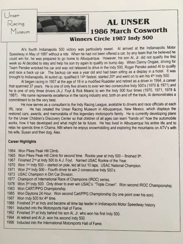 AUTOGRAPHED / SIGNED - AL UNSER - FORMULA ONE AND INDY RACER A4 SIZE