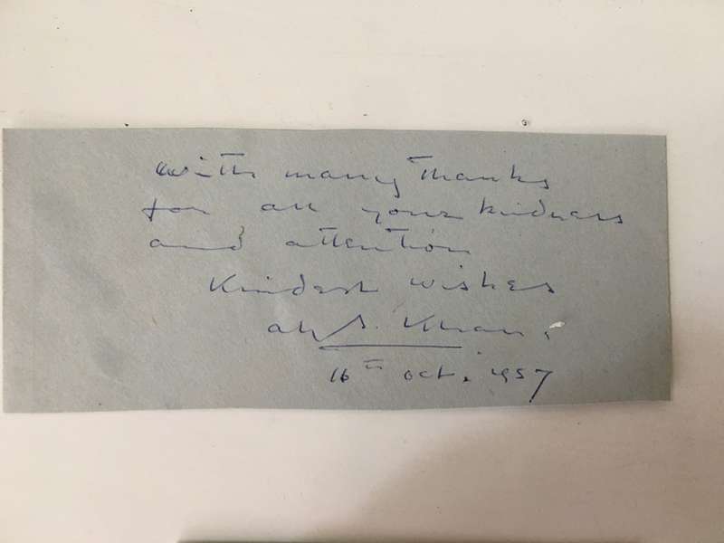 AUTOGRAPHED / SIGNED - ROYALTY PRINCE SADRUDDINS AGA KHAN 1957