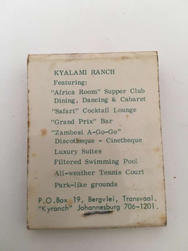 VINTAGE KYALAMI RANCH JOHANNESBURG MATCH BOOK