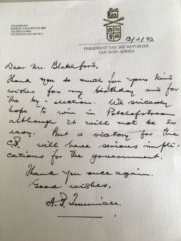 2 VINTAGE AUTOGRAPHS - DR BRAND FOURIE AND HAND WRITTEN LETTER OF DR A P TREUNICHT
