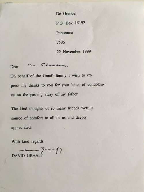 AUTOGRAPH OF DAVID GRAAFF 3RD BARONET SON OF VILLIERS GRAAFF OWNER OF DEGRENDEL WINES