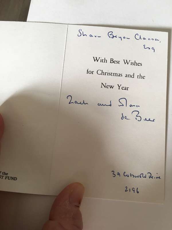 LOVELY HAND WRITTEN LETTER AND CHRISTMAS CARDS LEADER OF THE PFP AND THE DP  1928-1999 ZACH DE BEER
