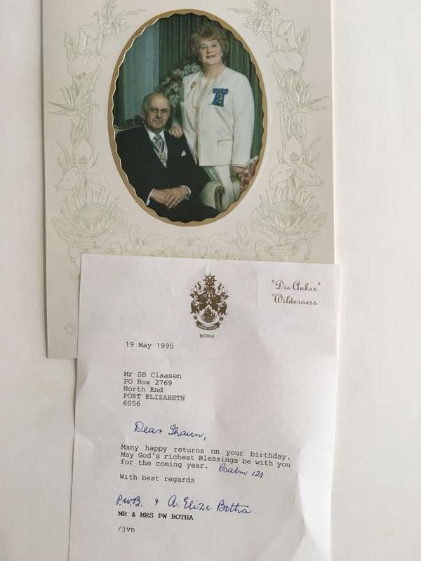 PAST PRESIDENT PW BOTHA CHRISTMAS CARD AND LETTER OF MRS ELIZE BOTHA