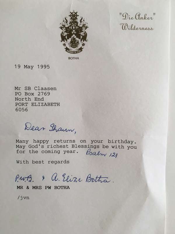 PAST PRESIDENT PW BOTHA CHRISTMAS CARD AND LETTER OF MRS ELIZE BOTHA